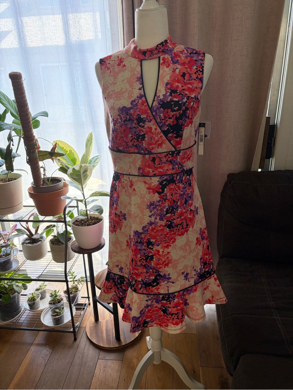 Tahari Sleeveless Floral Midi Dress in Cream, Pink and Purple